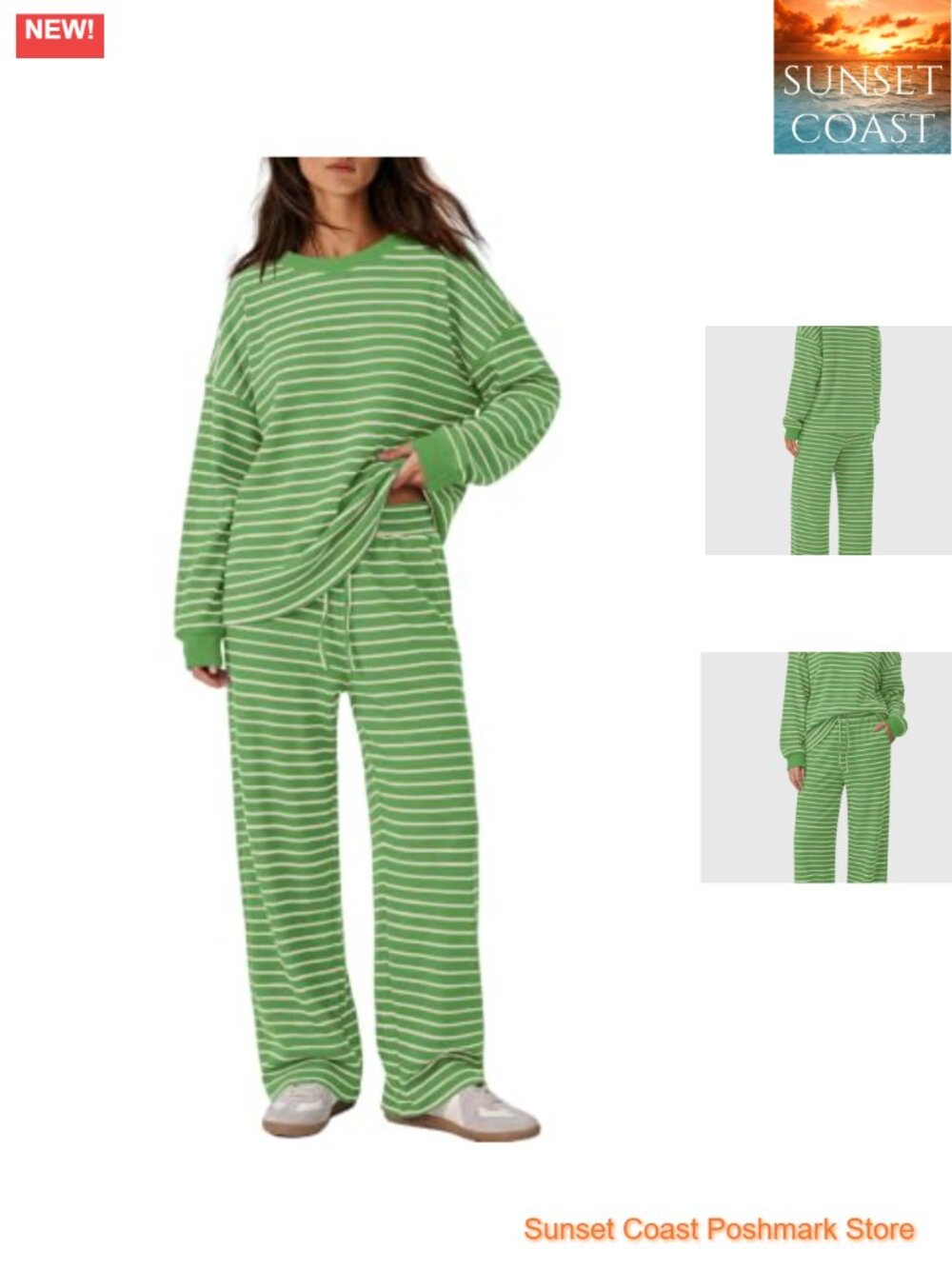Womens Striped Lounge Set 2 Piece Waffle Knit Long Sleeve Wide Leg Pants